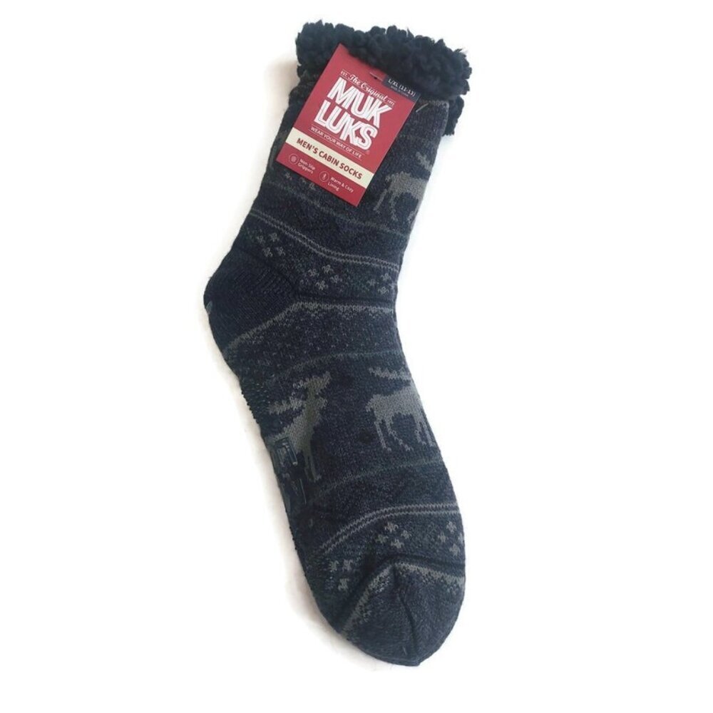 MUK LUKS Mens Cabin Socks L/XL Shoe Size 11/13 Blue Moose Multi Warm and Cozy RT
